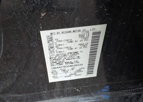 2005 Nissan Titan Se z USA, uszkodzony, nr VIN 1N6AA07B35N508334